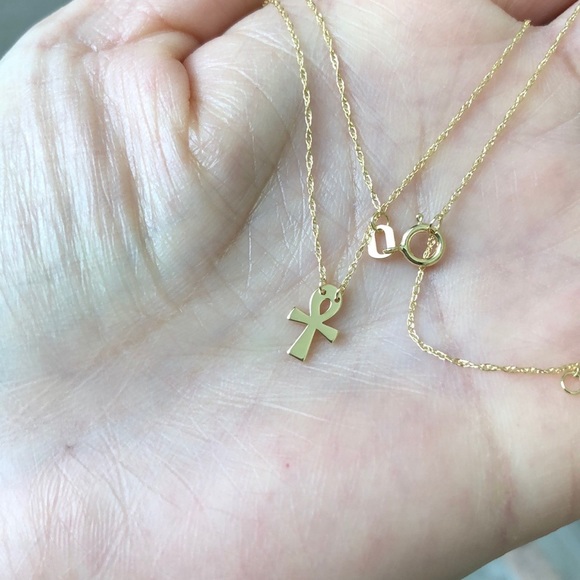 14K Solid Gold Mini Cross Ankh Necklace - Picture 4 of 6
